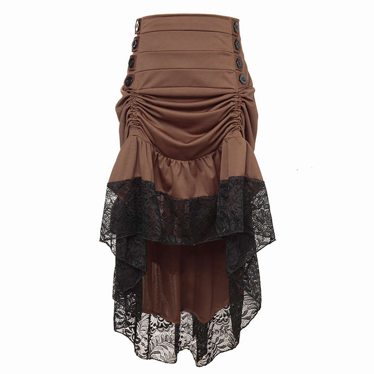 Vintage Gothic Brown High Waist Button Lace Trim Ruffled High-low Skirt N18636