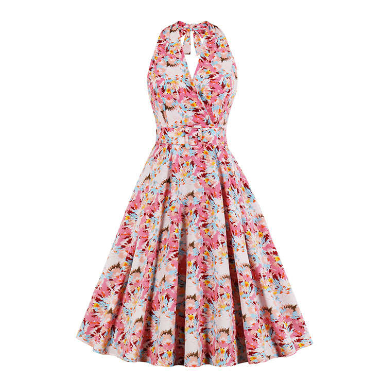 Vintage Floral Print Halter Lace-up V Neck Backless Bodice Belt Summer Party Dress N20574
