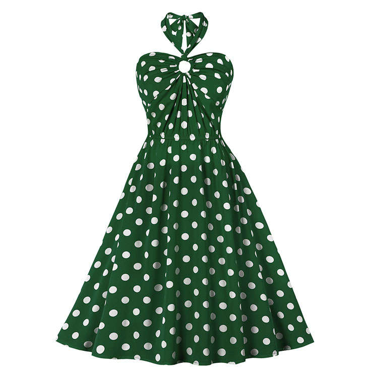 Vintage Sweetheart Neck Halter Backless Polka Dots Knee-length Summer Day Swing Dress N21752