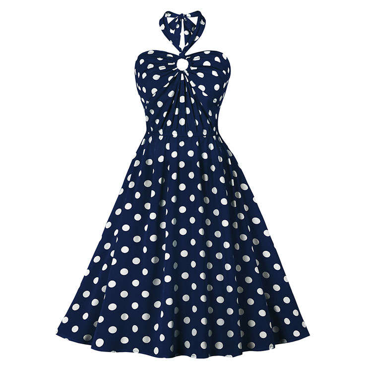 Vintage Sweetheart Neck Halter Backless Polka Dots Knee-length Summer Day Swing Dress N21753