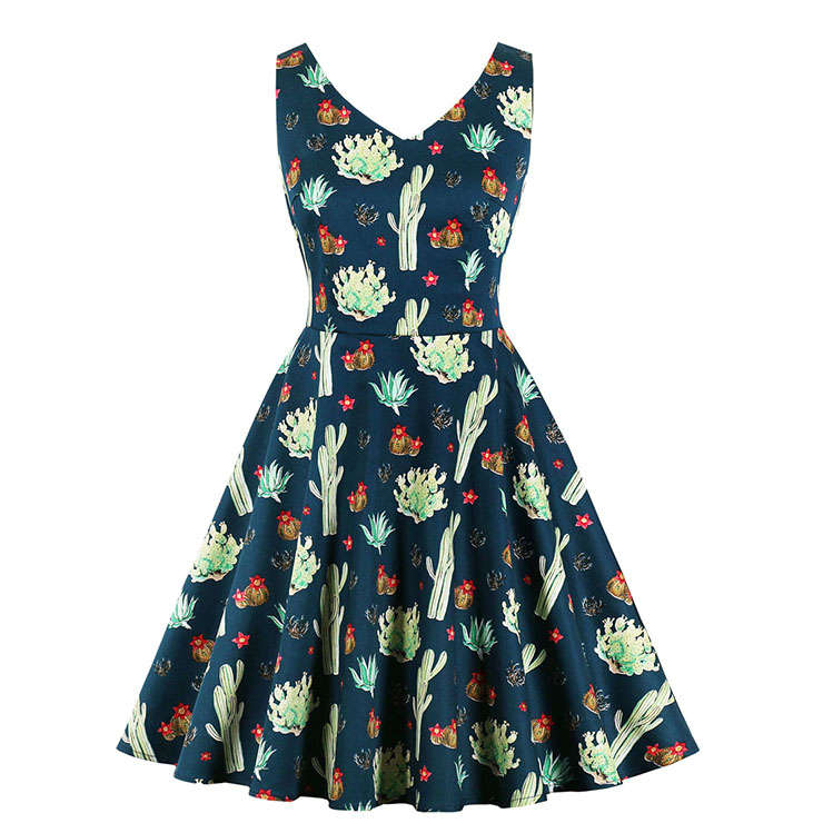Vintage Dark-blue Print V Neck Sleeveless High Waist Summer Big Swing Vest Dress N20562