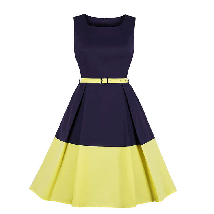 Elegant Crew Neck Sleeveless Contrast Color Patchwork Midi Formal Dress with Belt N19025