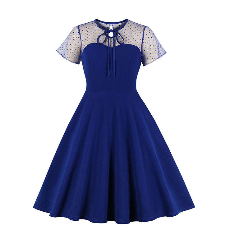 Vintage Sheer Mesh Patchwork Heart-shaped Bodice High Waist Swing Dress N19286