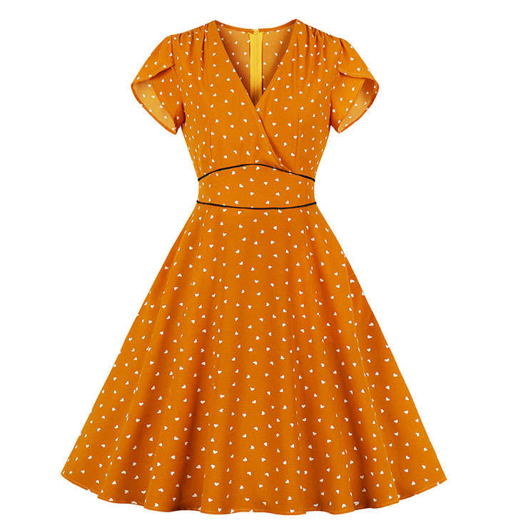 Plus Size Fashion Heart-shaped Pattern V Neckline Petal Sleeve High Waist Swing Dress N20621
