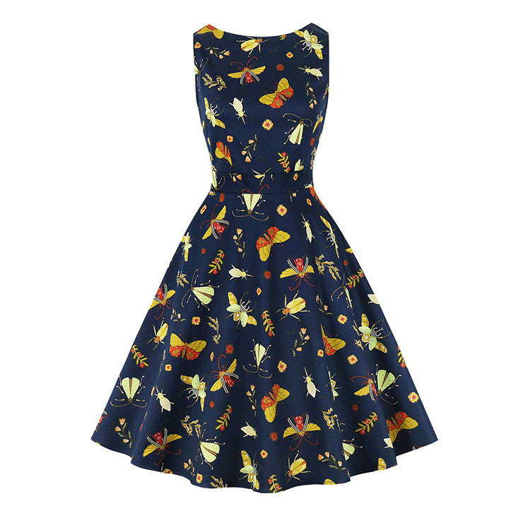 Vintage Insect Print Round Neckline Sleeveless High Waist Summer Cocktail Party Swing Dress N21860