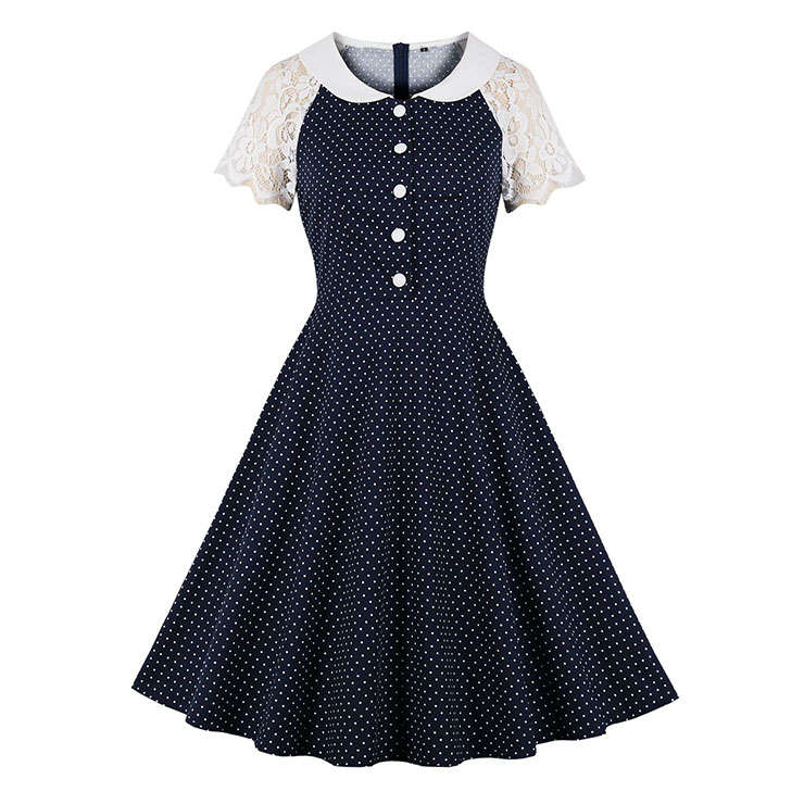1950's Vintage Lapel Floral Lace Sleeves Polka Dots High Waist Daily Casual Swing Dress N21497