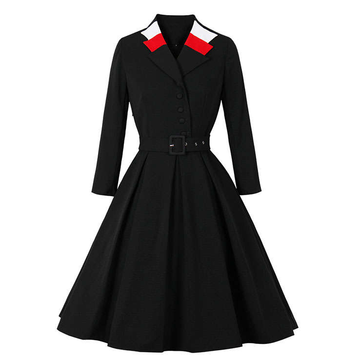 Elegant Lapel Front Button Long Sleeves High Waist Belted Vintage Fall/Winter Midi Dress N21501