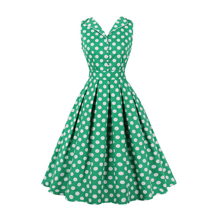 1950s Vintage Lapel and V Back Button Bodice Polka Dots Sleeveless Cocktail Swing Dress N22130