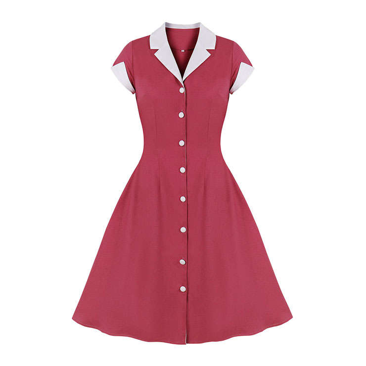 1950s Vintage Lapel Short Sleeve Front Button High Waist Office Lady Cocktail Midi Dress N22043