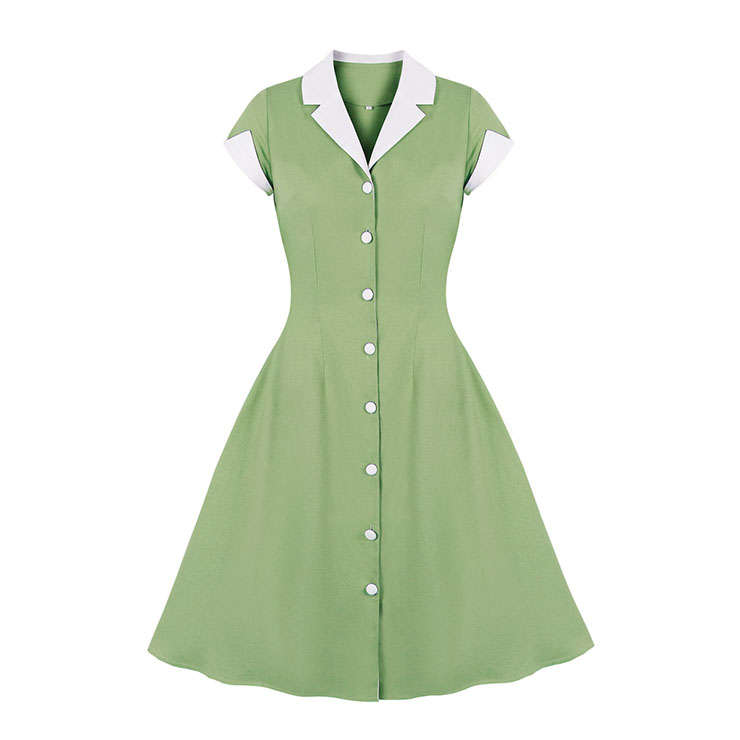 1950s Vintage Lapel Short Sleeve Front Button High Waist Office Lady Cocktail Midi Dress N22045