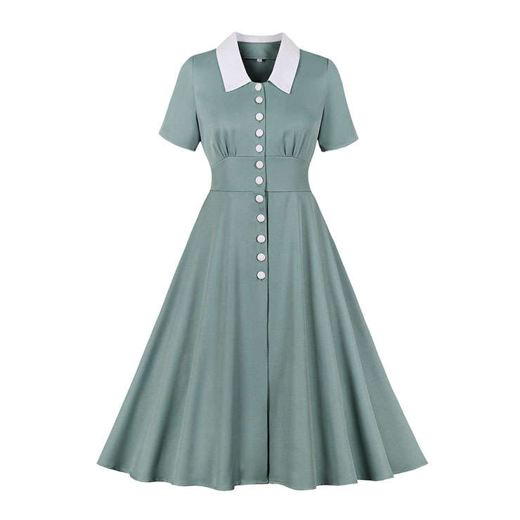 1950s Vintage Lapel Short Sleeve Front Button High Waist Office Lady Daily Midi Dress N22088