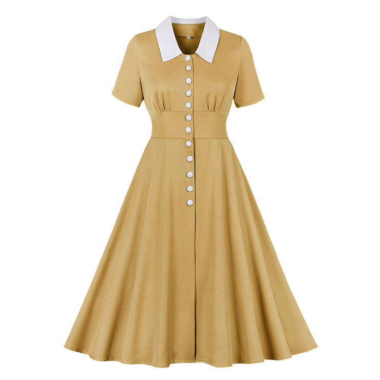 1950s Vintage Lapel Short Sleeve Front Button High Waist Office Lady Daily Midi Dress N22089