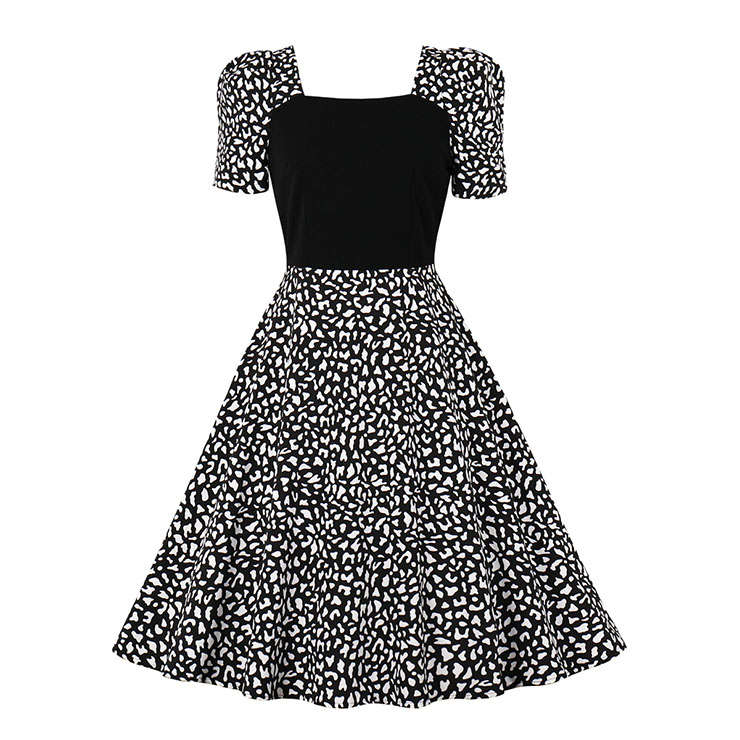 Vintage Square Neckline Black Bodice and Leopard Pattern Short Sleeve High Waist Midi Dress N21581