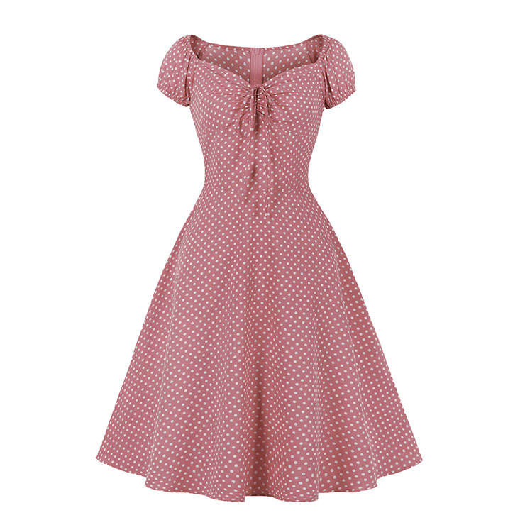 Fashion Polka Dots Print Sweetheart Drawstring Lace-up Short Sleeve High Waist Midi Dress N22257