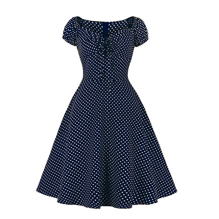 Fashion Polka Dots Print Sweetheart Drawstring Lace-up Short Sleeve High Waist Midi Dress N22258