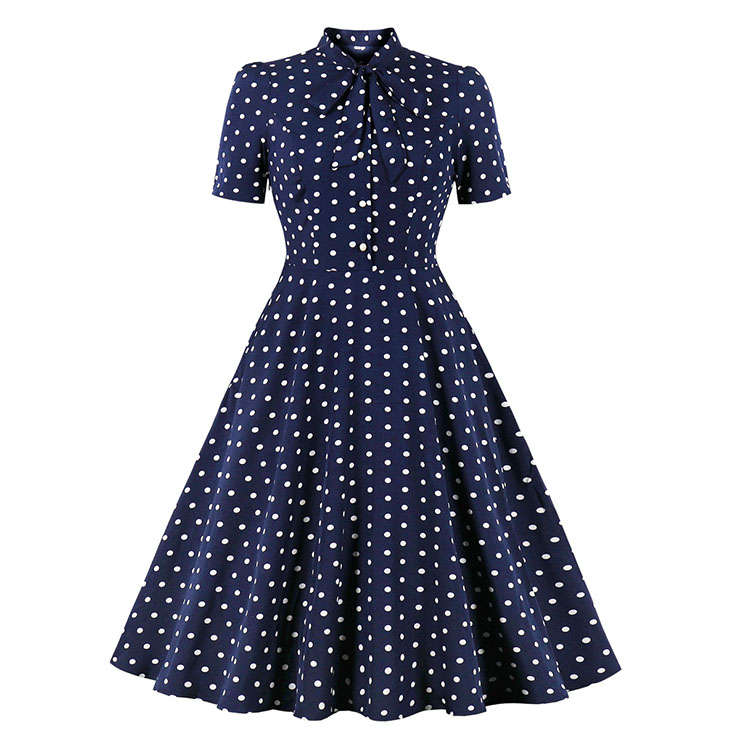 1950s Vintage Tie Collar Polka Dots Short Sleeve High Waist Cocktail Party Swing Dress N21579