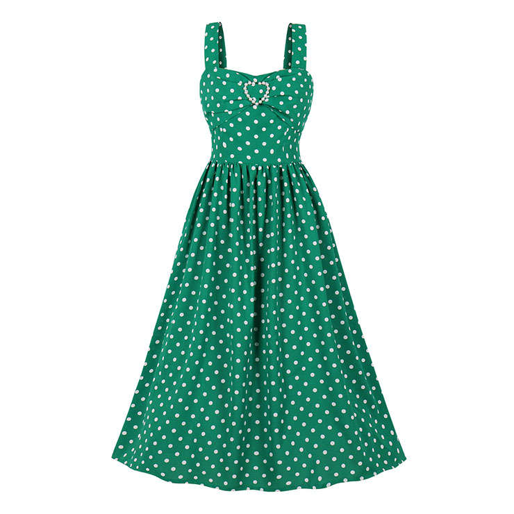 Vintage Polka Dots Sweetheart Wide Shoulder Straps High Waist Summer Midi Dress N22062