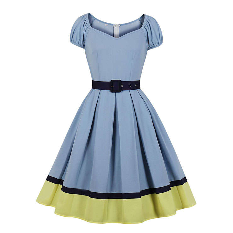 1950's Vintage Bateau Neck Puff Sleeve High Waist Color Blocking Cocktail Belted Swing Dress N21486