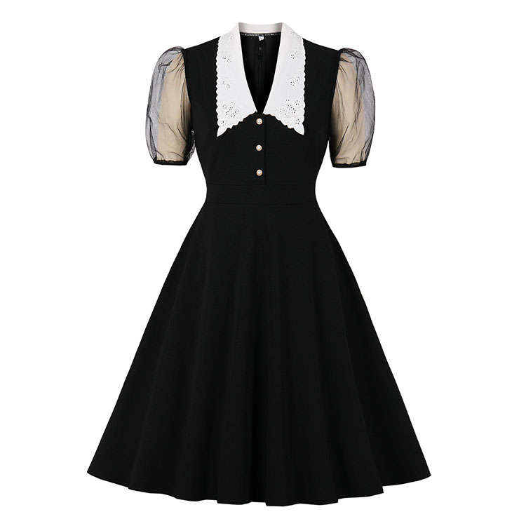 Vintage Peter Pan Collar See-through Puff Sleeves High Waist Cocktail Party Black Swing Dress N21504