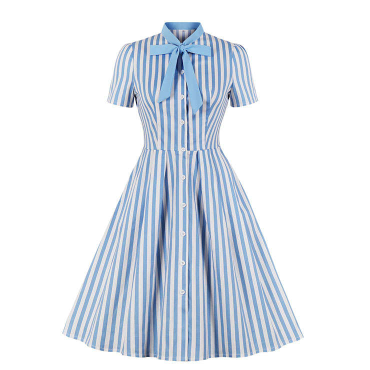 Vintage Bow-knot Tie Collar Short Sleeve Front Button Stripe High Waist Big Swing Dress N20563