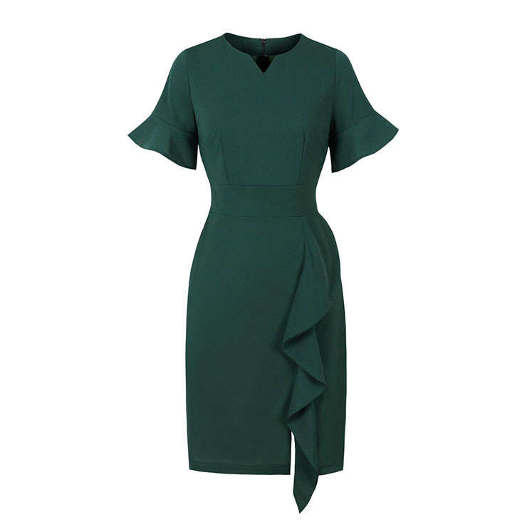 Vintage Split Scoop Neckline Flare Sleeve Solid Color High Waist Office Cocktail Wrap Dress N21844
