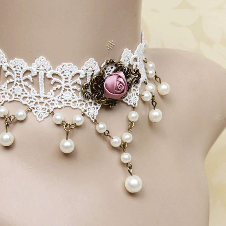 Victorian White Lace Tassel Pearl Wedding Party Princess Choker Necklace J12108