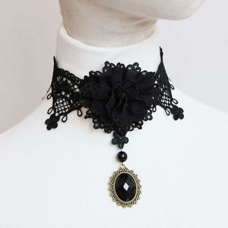 Gothic Vintage Punk Vampire Gem Lace Choker Necklace J12109