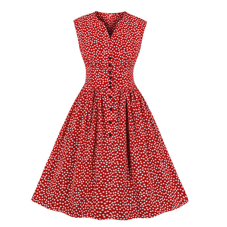 Vintage V Neck Sleeveless Front Button Small White Flowers High Waist Summer Midi Dress N20439
