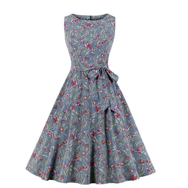 Vintage 1950's Print Round Neck Sleeveless Belt High Waist Summer Big Swing Dress N20571