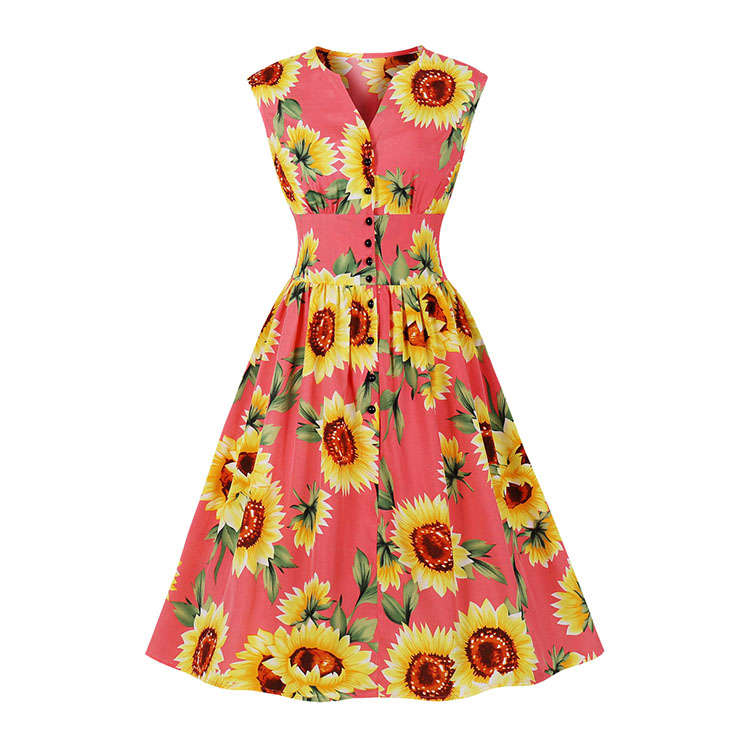 Vintage Rockabilly Sunflower Print V Neck Front Button Sleeveless Cocktail Party Swing Dress N22074