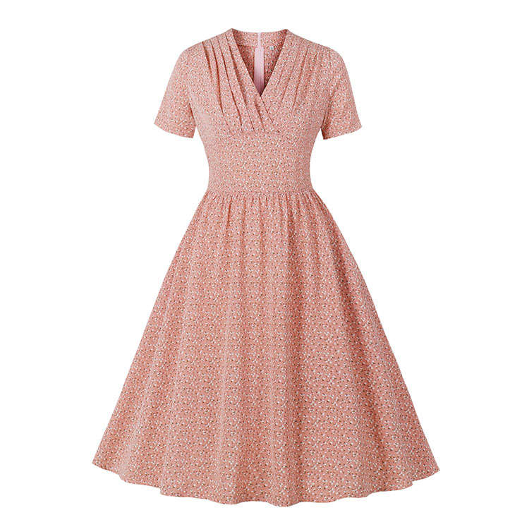 Fashion Floral Print Surplice Neckline Short Sleeve Wide Waist Summer Midi Dress N22079