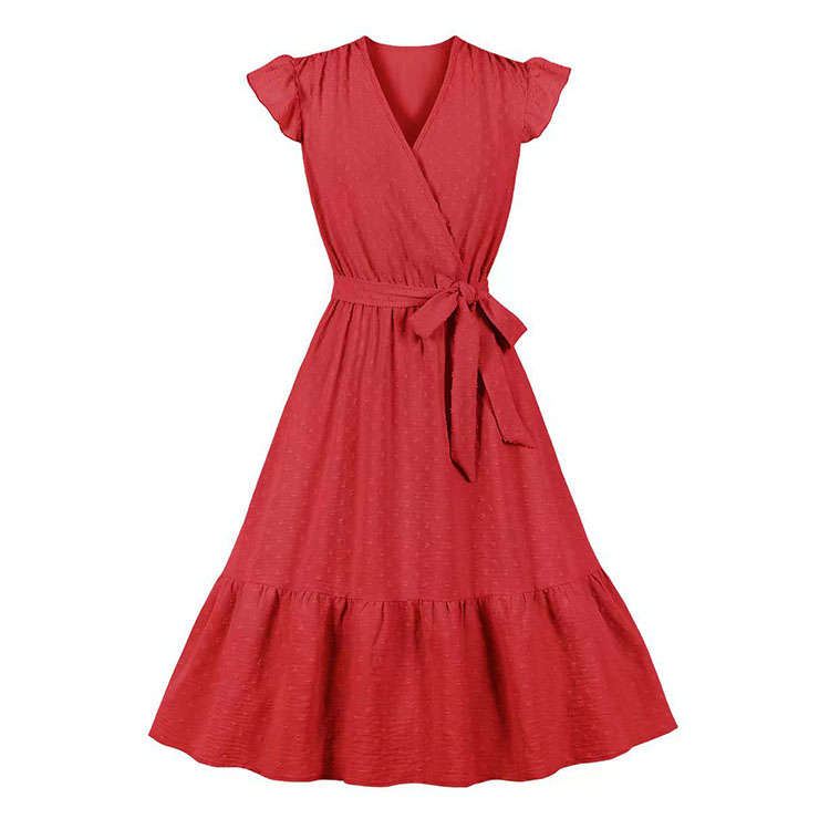 Fashion Surplice Neckline Flutter Sleeve Sash High Waist Ruffle Hem Daily Swing Dress N22058