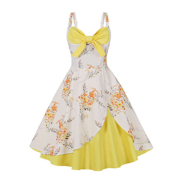 1950s Vintage Sweetheart and Bowknot Bodice Floral Print Straps Cocktail Swing Dress N22242