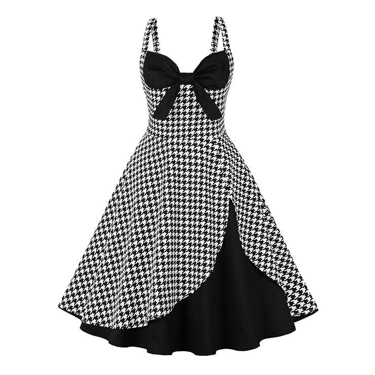1950s Vintage Houndstooth Sweetheart and Bowknot Bodice Straps Summer Party Swing Dress N22250