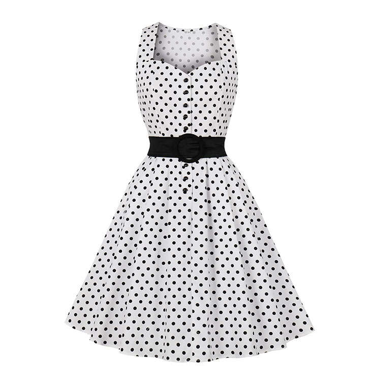 Vintage Sweetheart Neckline Button Bodice Polka Dots Sleeveless Belted Cocktail Midi Dress N21842