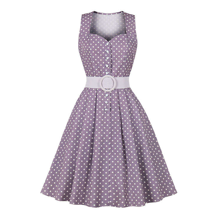 Vintage Sweetheart Neckline Button Bodice Polka Dots Sleeveless Belted Cocktail Midi Dress N21850