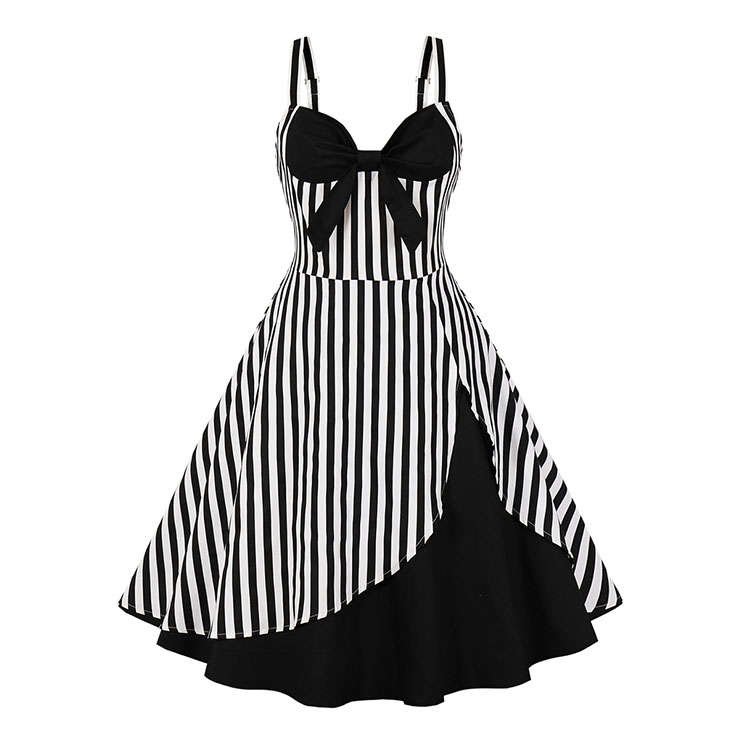 1950s Vintage Striped Sweetheart and Bowknot Bodice Straps Summer Party Swing Dress N22248
