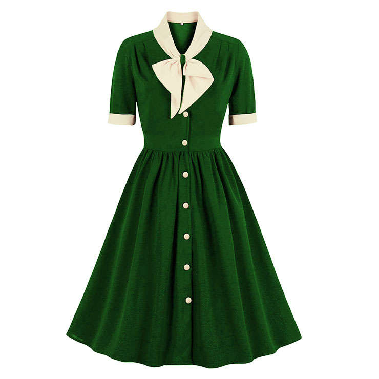 Vintage Tie Collar Front Button Short Sleeve High Waist Cocktail Party Midi Dress N21602