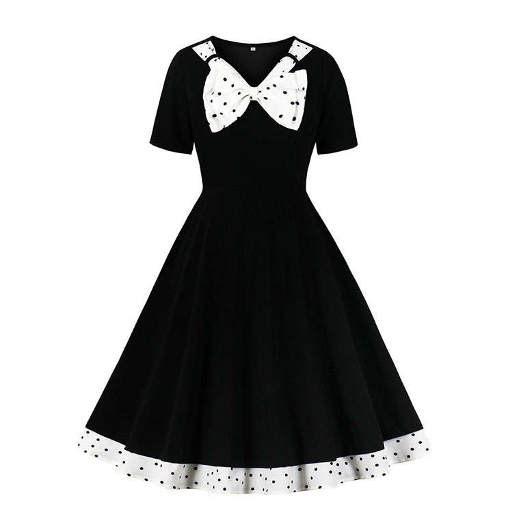 Vintage Black V Neck Bowknot Short Sleeve Cocktail Bridesmaid Stitching Dress N20956