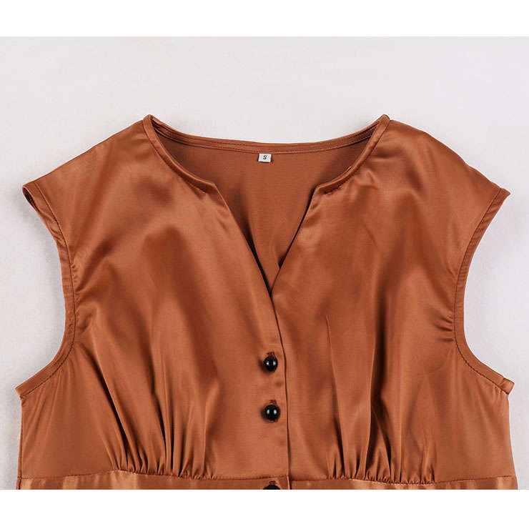 Vintage Rockabilly Glossy V Neckline Front Button Sleeveless High Waist Cocktail Swing Dress N22090