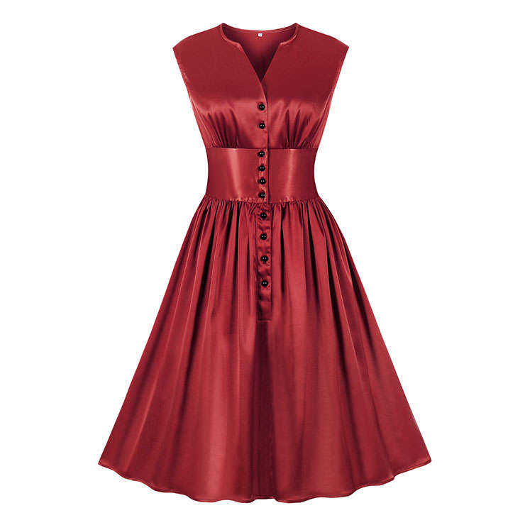 Vintage Rockabilly Glossy V Neckline Front Button Sleeveless High Waist Cocktail Swing Dress N22092