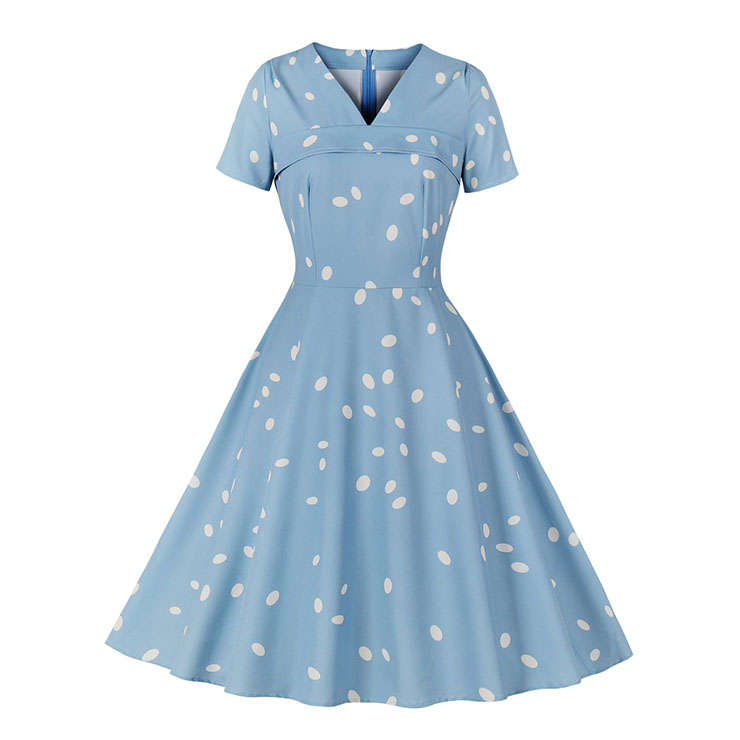 Vintage Polka Dots V Neckline Short Sleeve High Waist Summer Swing Dress N22080
