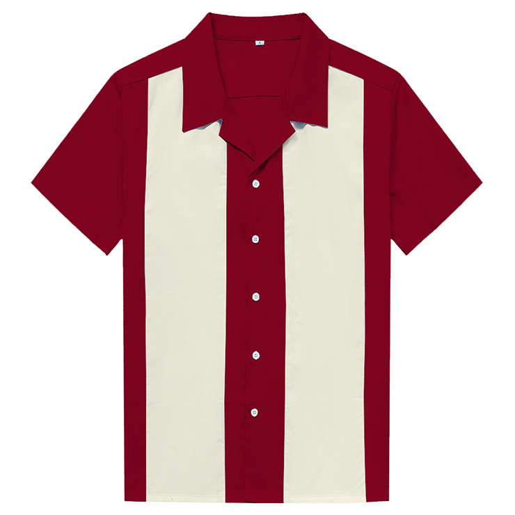 Wine-Red Male Patchwork Beer Shirt Casual Fifties Bowling Shirt N16684