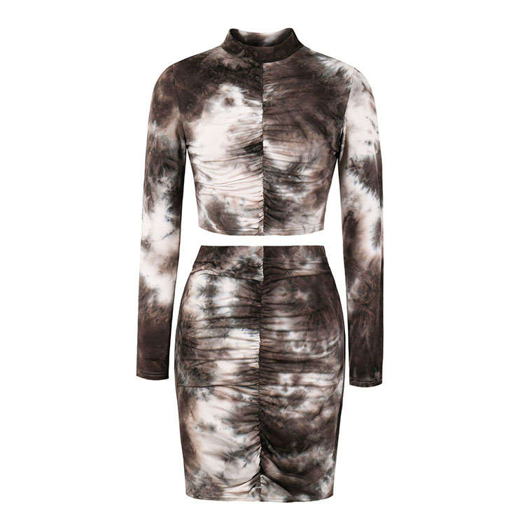 Sexy Pleated Grey Tie-dye Gradient Print Long Sleeve Tops With Mini Package Hip Skirt Sets N20634