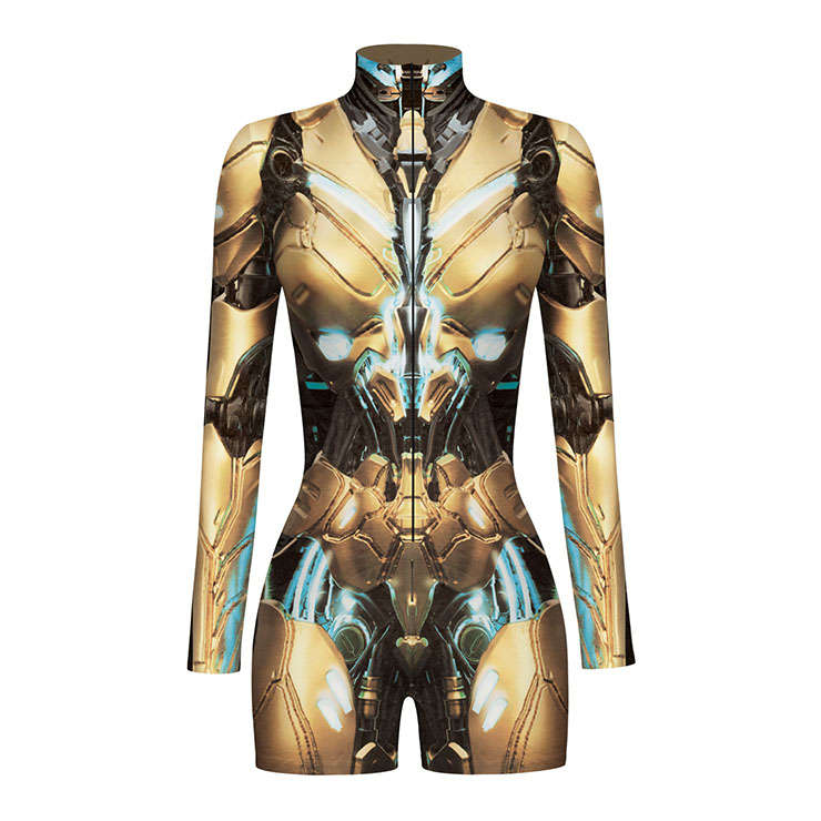 Yeiiow Robot 3D Printed High Neck Long Bodycon Jumpsuit Halloween Costume N22342