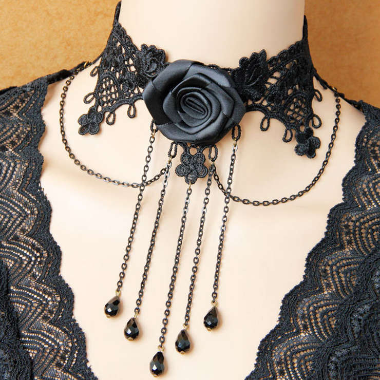 Victorian Black Rose Lace Cameo Choker Necklace J12033