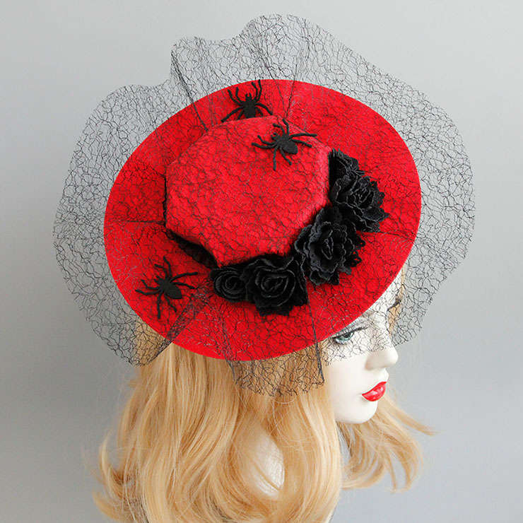 Elegant Charming Red Flower and Spider Net Hair Clip Hat J17323