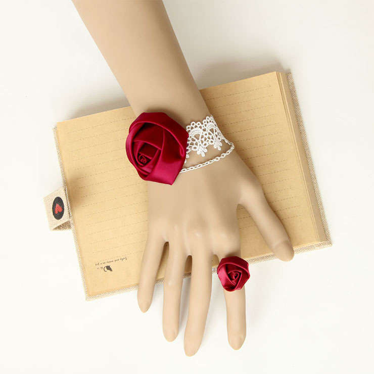 2PCS Elegant Gothic Style White Lace Wristband Red Rose Embellishment Bracelet with Ring J17755