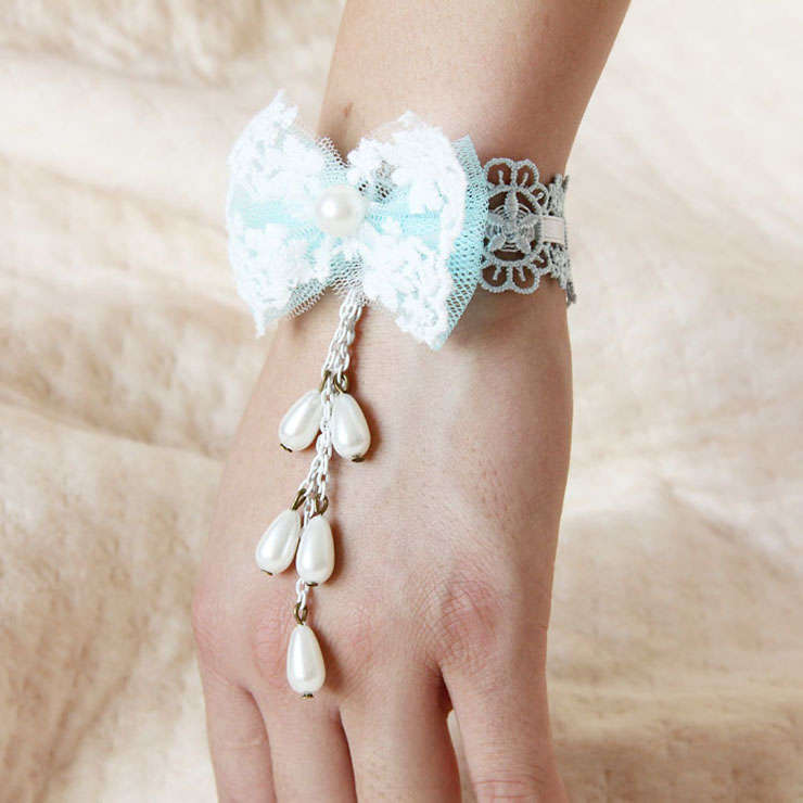 Retro Blue Lace Wristband Victorian Style Bowknot Embellishment Bracelet J17781