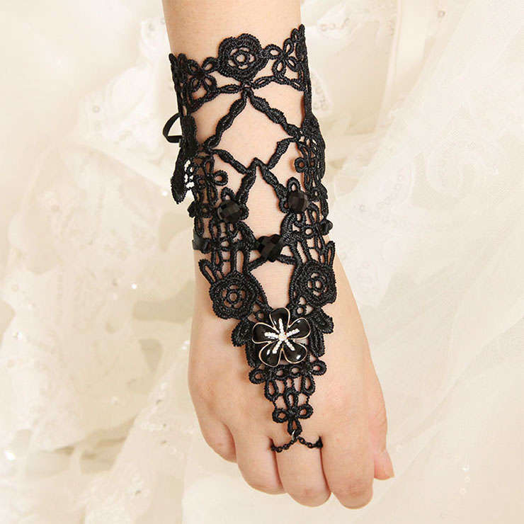 Gothic Black Lace Long Wristband Victorian Flower Embellishment Bracelet J17785